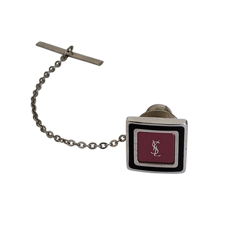 Yves Saint Laurent YSL Vintage Tie Tac Silver Tone Burgundy Black Enamel Logo